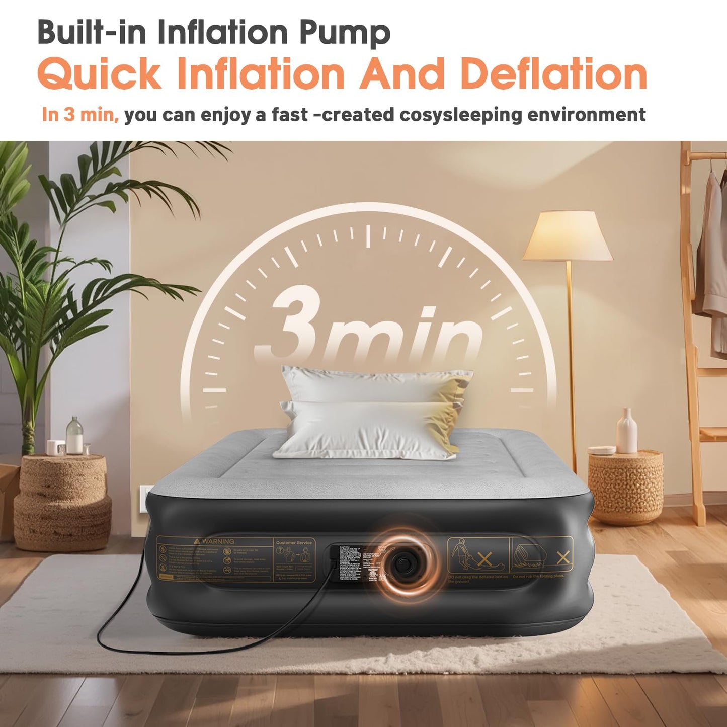 VOSSER Twin Air Mattress with Built in Pump,Inflatable Mattress 2 Mins Self-Inflation/Deflation,Thicker Blow up Mattress Leak-Proof,Flocked Top Air Bed with Storage Bag for Home, Camping & Guests
