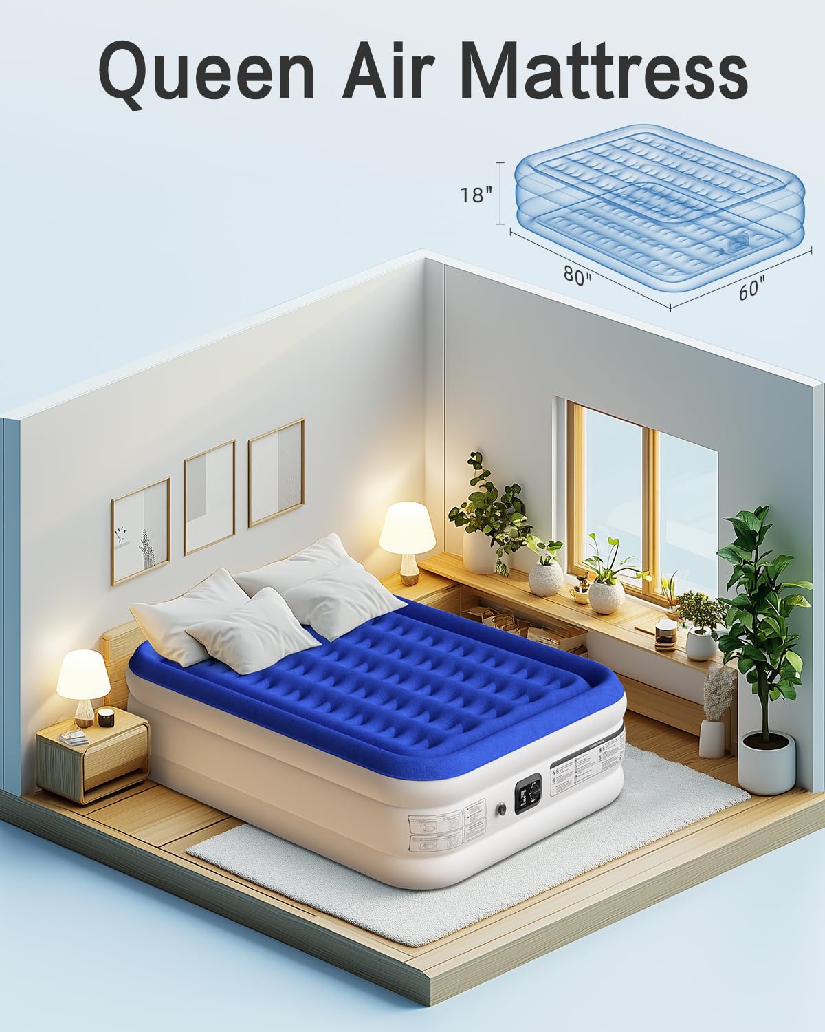 Xsleep Queen Air Mattress with Built in Pump Luxurious Comfort 18"Raised Inflatable Mattress Queen Airbed Blow Up Mattress for Home and Guests 80"*60"*18"Air Bed 3 Mins Fast Inflate/Deflate 660lbs Max
