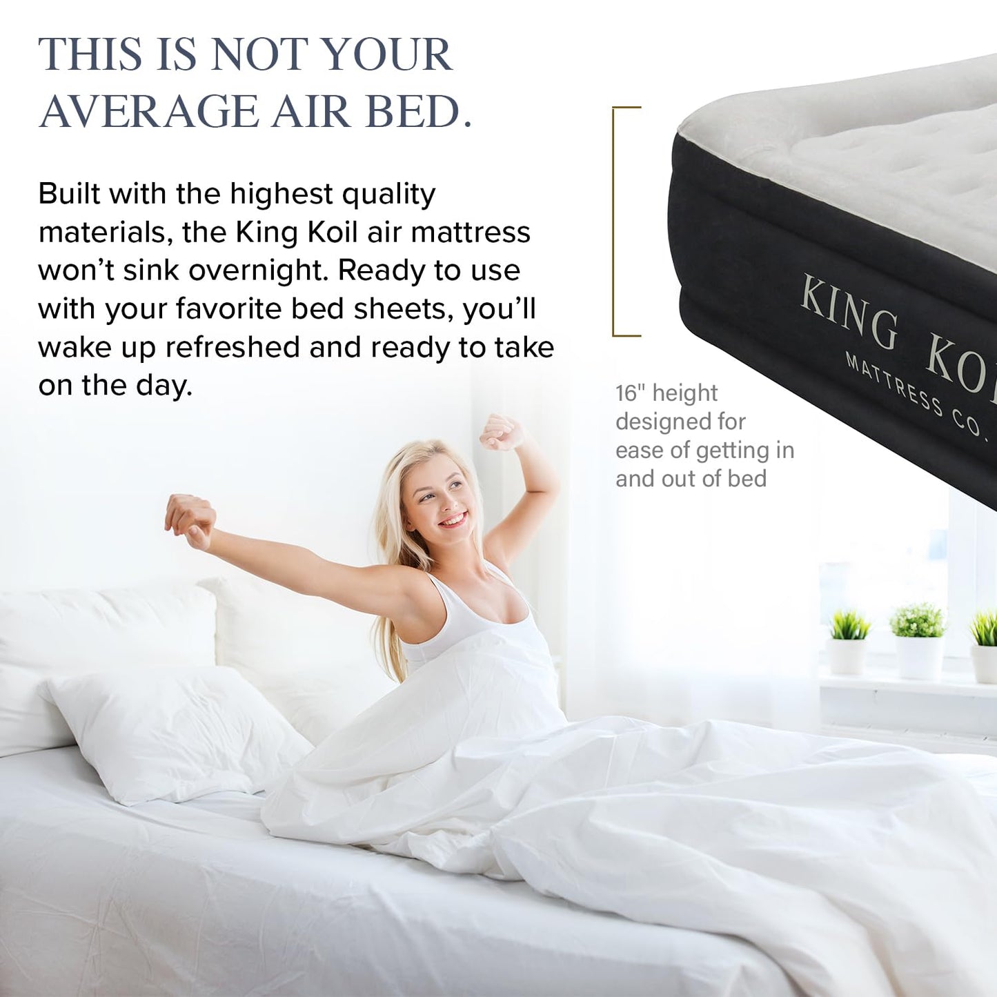 King Koil Pillow Top Plush Full Size Air Mattress with Built-in Pump for Home, Camping & Guests, 16" Inflatable Airbed Luxury Double High Adjustable Blow Up Bed, Waterproof, 1-Year Warranty