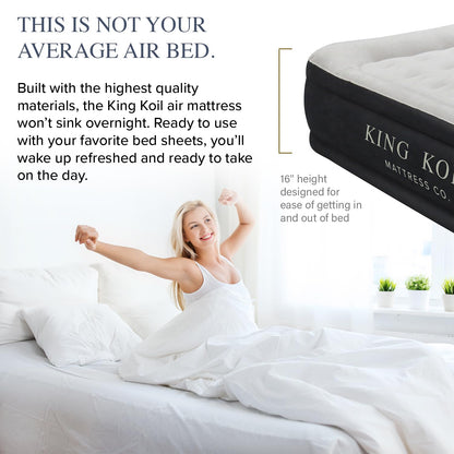 King Koil Pillow Top Plush Full Size Air Mattress with Built-in Pump for Home, Camping & Guests, 16" Inflatable Airbed Luxury Double High Adjustable Blow Up Bed, Waterproof, 1-Year Warranty