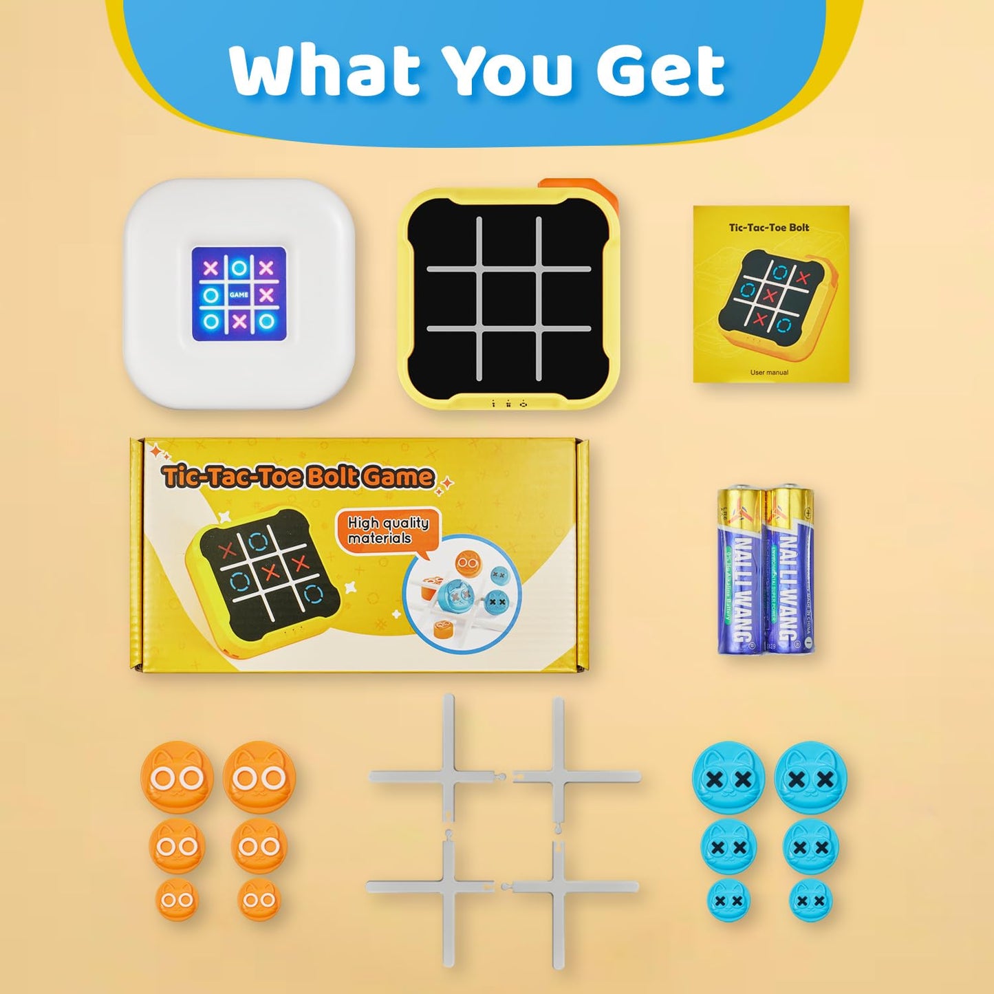 Handheld Electronic Tic Tac Toe Bolt Game, 4-in-1 Puzzle Game Console Brain and Memory Games - Ideal Birthday for Kids and Adults, Yellow