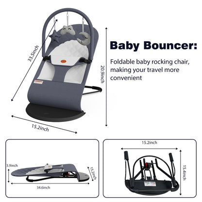 Portable Baby Bouncer Seat for Infants, 0-18 Months, 3 Modes of Use with Rocker & Stationary Options, Ergonomic Infant Chair with Hanging Toys, Baby Shower Gifts – Grey