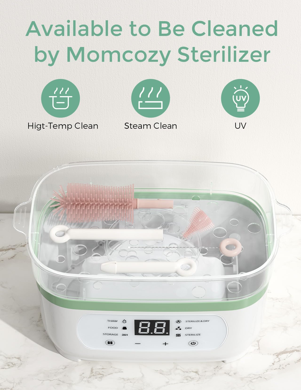 Momcozy Bottle Brush Set - Baby Bottle Cleaner Kit with Silicone Brush, Nipple Brush, Straw Brush, Soap Dispenser, Drying Rack - 7 in 1 Bottle Cleaning Tool for Home and Travel, Pink