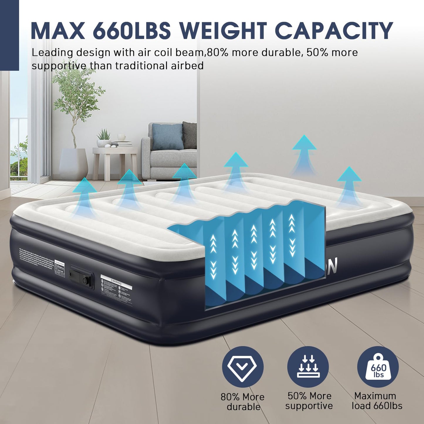 Air Mattress Queen With Built In Pump,18''Raised Blow Up Mattress 2 Mins Self-Inflation/Deflation,Upgraded Thicker Inflatable Mattress，Air Bed with Storage Bag for Guests,Home，Camping，660 lbs Max