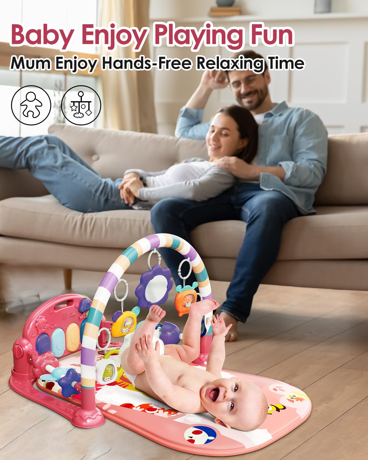 dearlomum Baby Play Mat Baby Gym,Funny Play Piano Tummy Time Baby Activity Mat with 5 Infant Sensory Baby Toys, Music and Lights Boy & Girl Gifts for Newborn Baby 0 to 3 6 9 12 Months (Tiger Pink)