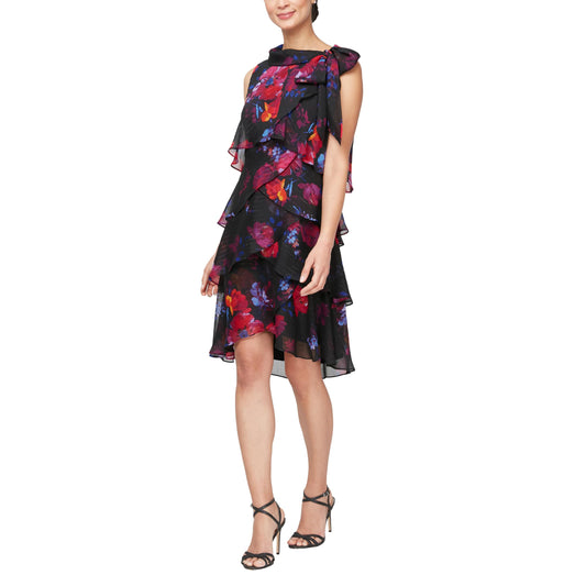 S.L. Fashions Women's Tiered Cocktail Party Dress, Wedding Guest Gown (Petite and Regular Sizes), BLK Multi