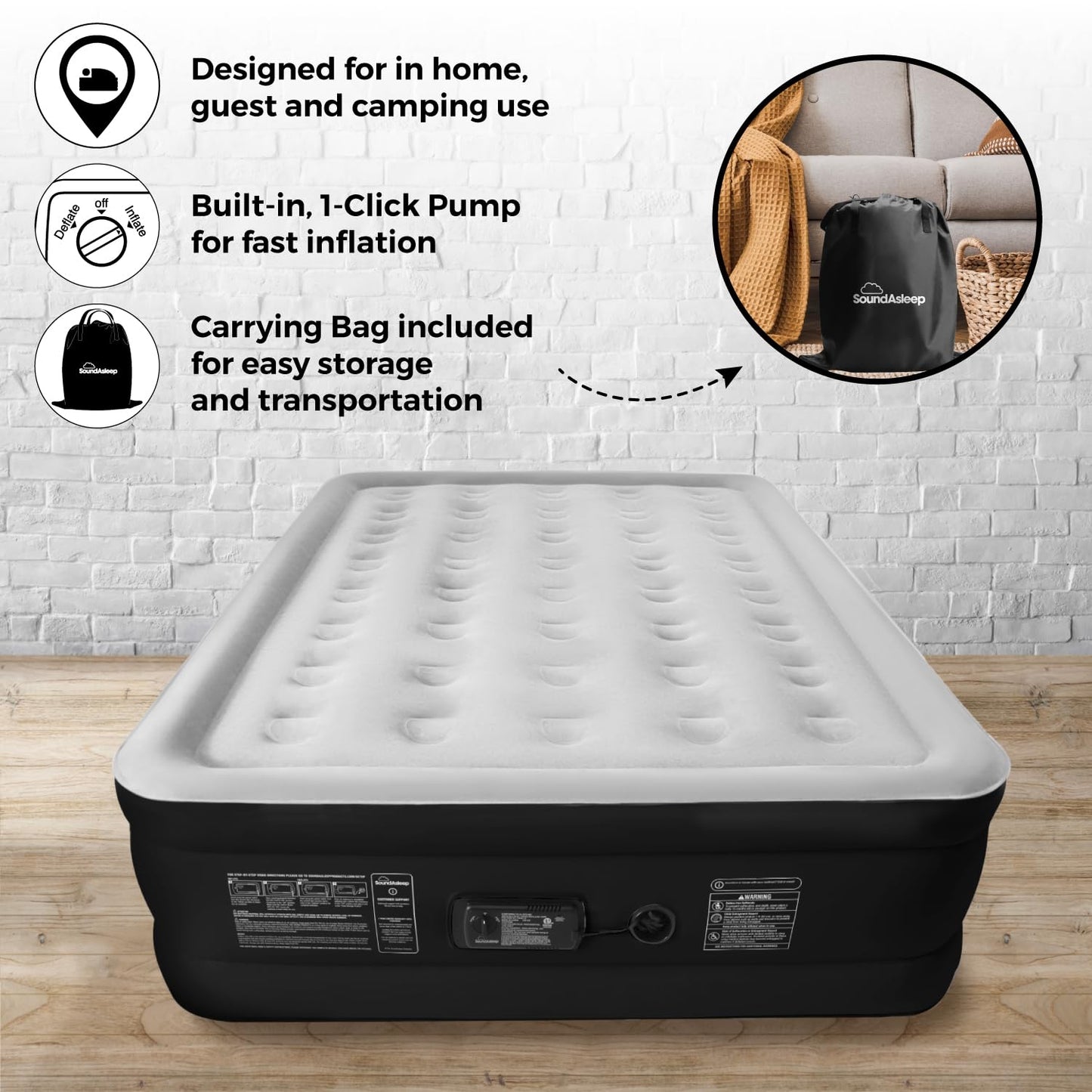 SoundAsleep Dream Series Luxury Air Mattress with ComfortCoil Technology & Built-in High Capacity Pump for Home & Camping- Double Height, Adjustable, Inflatable Blow Up, Portable - Queen Size