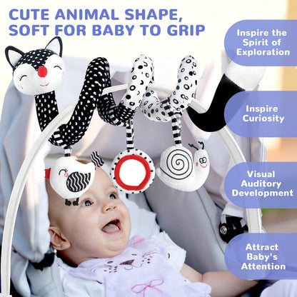 XIXILAND Baby Spiral Plush Toys, Black and White Baby Car Seat Toys, High Contrast Infant Newborn Toy 0-6 Months for Stroller Crib Mobile, Sensory Toy Best Gift for 0 3 6 9 12 Months Boys Girls