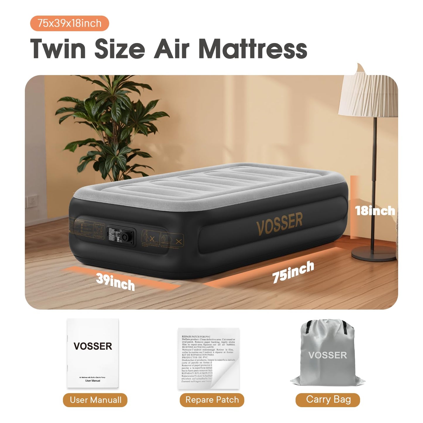 VOSSER Air Mattress Twin with Built in Pump,18''Blow up Mattress 2 Mins Self-Inflation/Deflation,Thicker Inflatable Mattress Leak-Proof,Flocked Top Air Bed with Storage Bag for Home, Camping & Guests