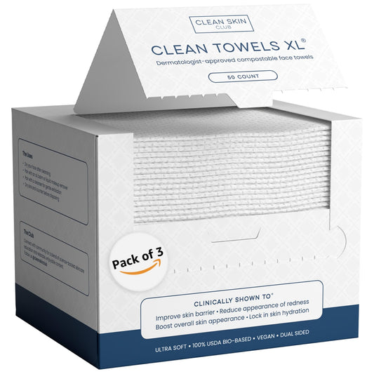 Clean Skin Club Clean Towels XL™️, 100% USDA Biobased Face Towel, Disposable Face Towelette, Eczema Association Accepted, Makeup Remover Dry Wipes, Ultra Soft, 150 Ct, 3 Pack