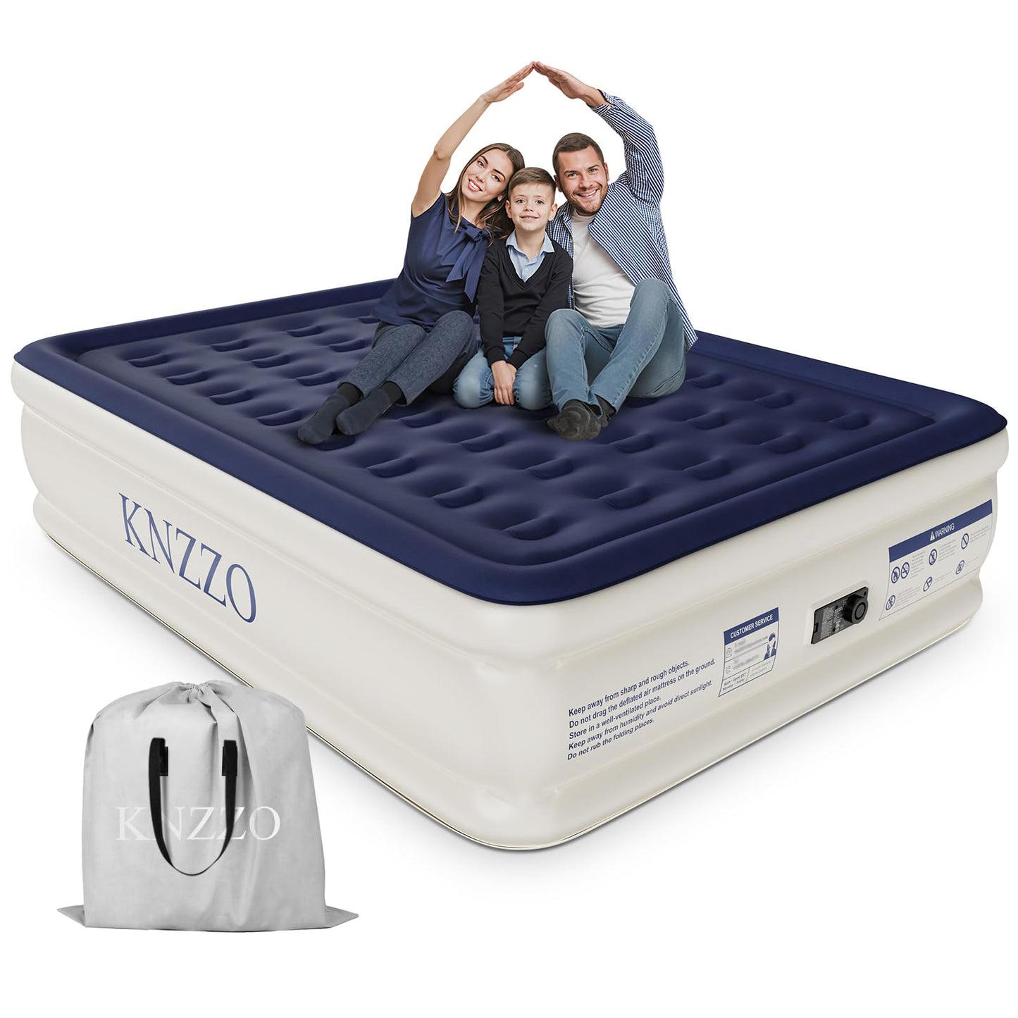 KNZZO Air Mattress Queen with Built-in Pump, Blow Up Mattress with Soft Flocked Top, Leakproof Inflatable Mattress, Foldable Waterproof Air Bed for Home, Guests, Camping, with Storage Bag