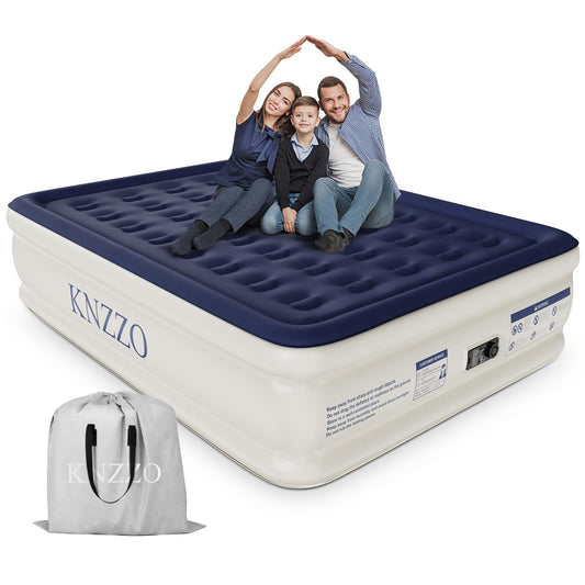 KNZZO Air Mattress Queen with Built-in Pump, Blow Up Mattress with Soft Flocked Top, Leakproof Inflatable Mattress, Foldable Waterproof Air Bed for Home, Guests, Camping, with Storage Bag