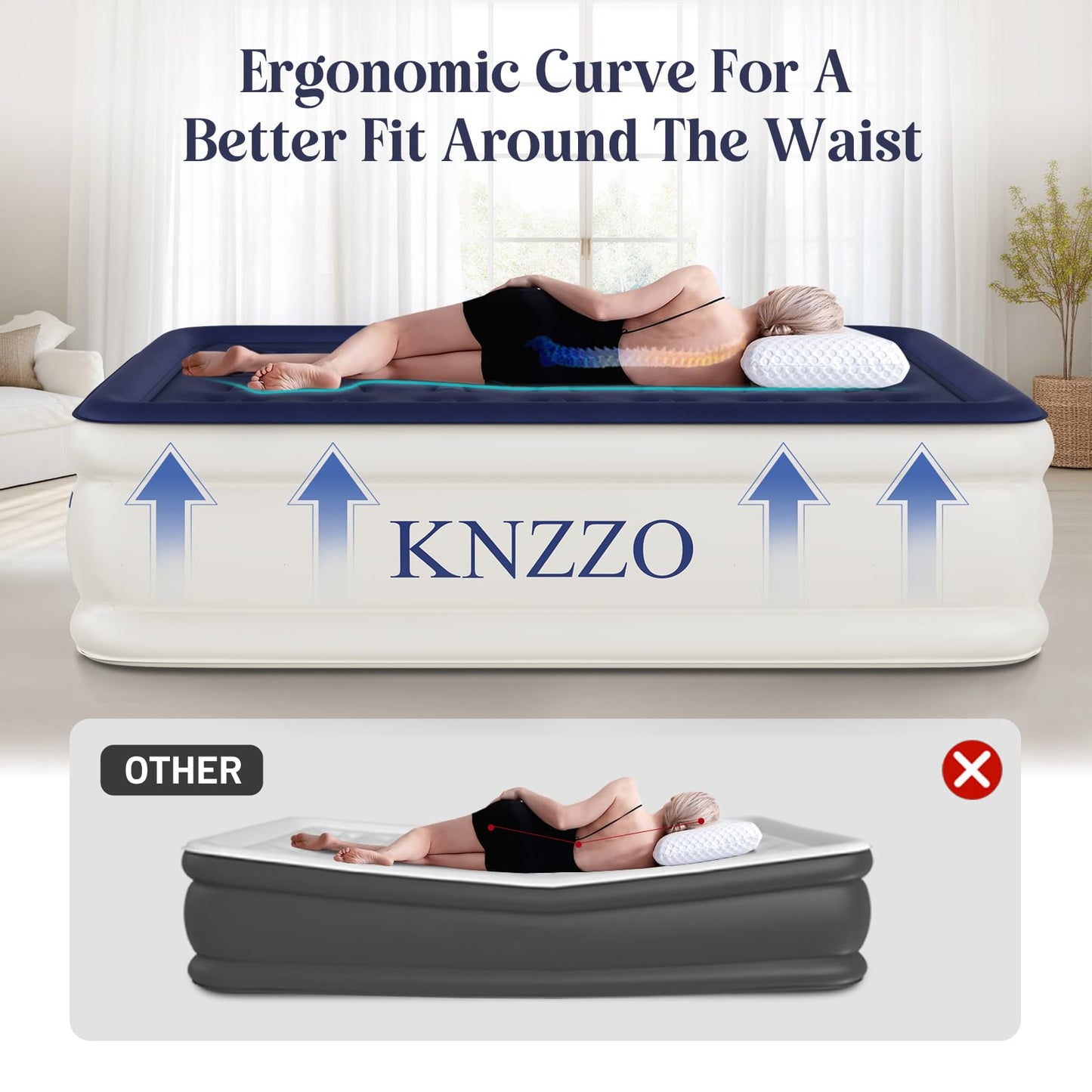 KNZZO Air Mattress Full with Built-in Pump, Blow Up Mattress with Soft Flocked Top, Leakproof Inflatable Mattress, Foldable Waterproof Air Bed for Home, Guests, Camping, with Storage Bag