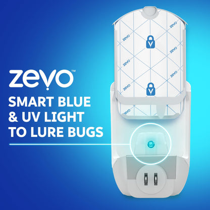 Zevo 2 Flying Insect Traps & 4 Refill Cartridges - Plug in Fly Trap & Indoor Bug Catcher for Gnats, House & Fruit Flies - Blue & UV Light Technology, Mess-Free Alternative to Bug Zapper