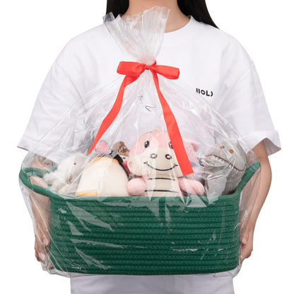 OIAHOMY Woven Basket, Gift Basket Empty with Gift Bags and Ribbons, Rope Baskets for Baby Showers, Storage Baskets with Handles for Nursery, Pet Toy Organizer - Green