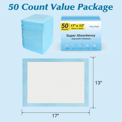 50 Count Super Absorbency Disposable Underpads, Leakproof Quick Drying Disposable Pads for Baby, Puppy and Adults, Disposable Changing Pads for Baby, Disposable Diaper Changing Pads, 17” x 13”