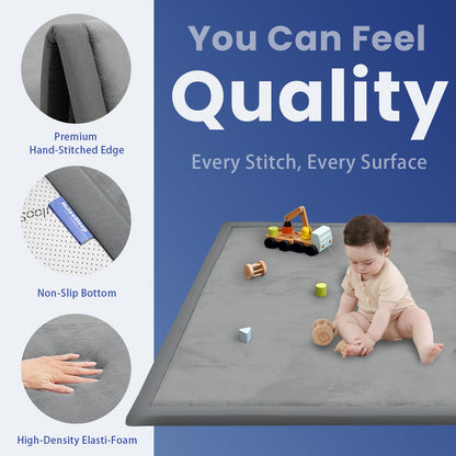 Huloo Sleep Ultra Soft Baby Play Mat for Floor,1.3" Thick Elasti-Foam 50x50 Playpen Mat for Toddlers Infant kids,Water-Repellent Coral Velvet for Tummy Time,Non-Slip Backing Safe for Crawling,Tatami Style (Dark Grey)