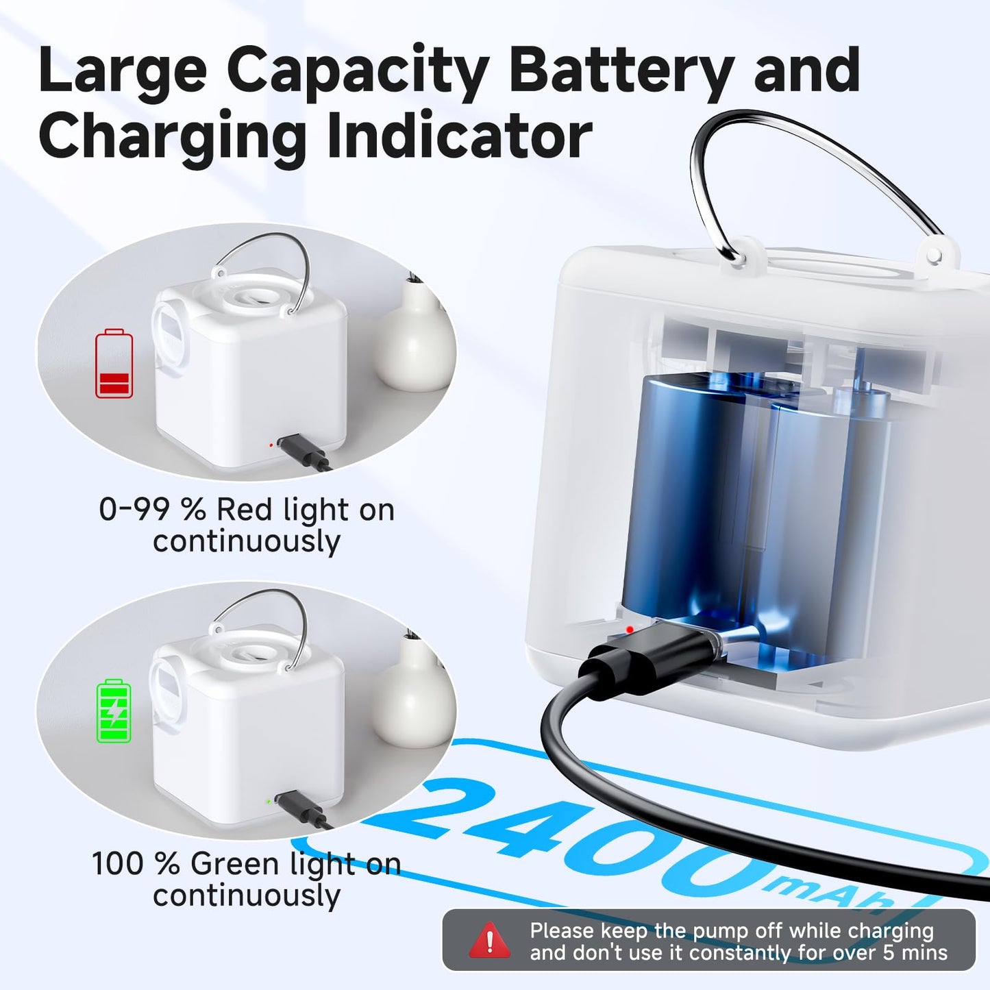 Portable Air Pump for Inflatables, 4.5kPa Mini Air Mattress Pump with Camping Light, 2400mAh Battery Rechargeable Air Pump for Pool Floats, Sleeping Pads, Swimming Ring, Vacuum Storage Bags