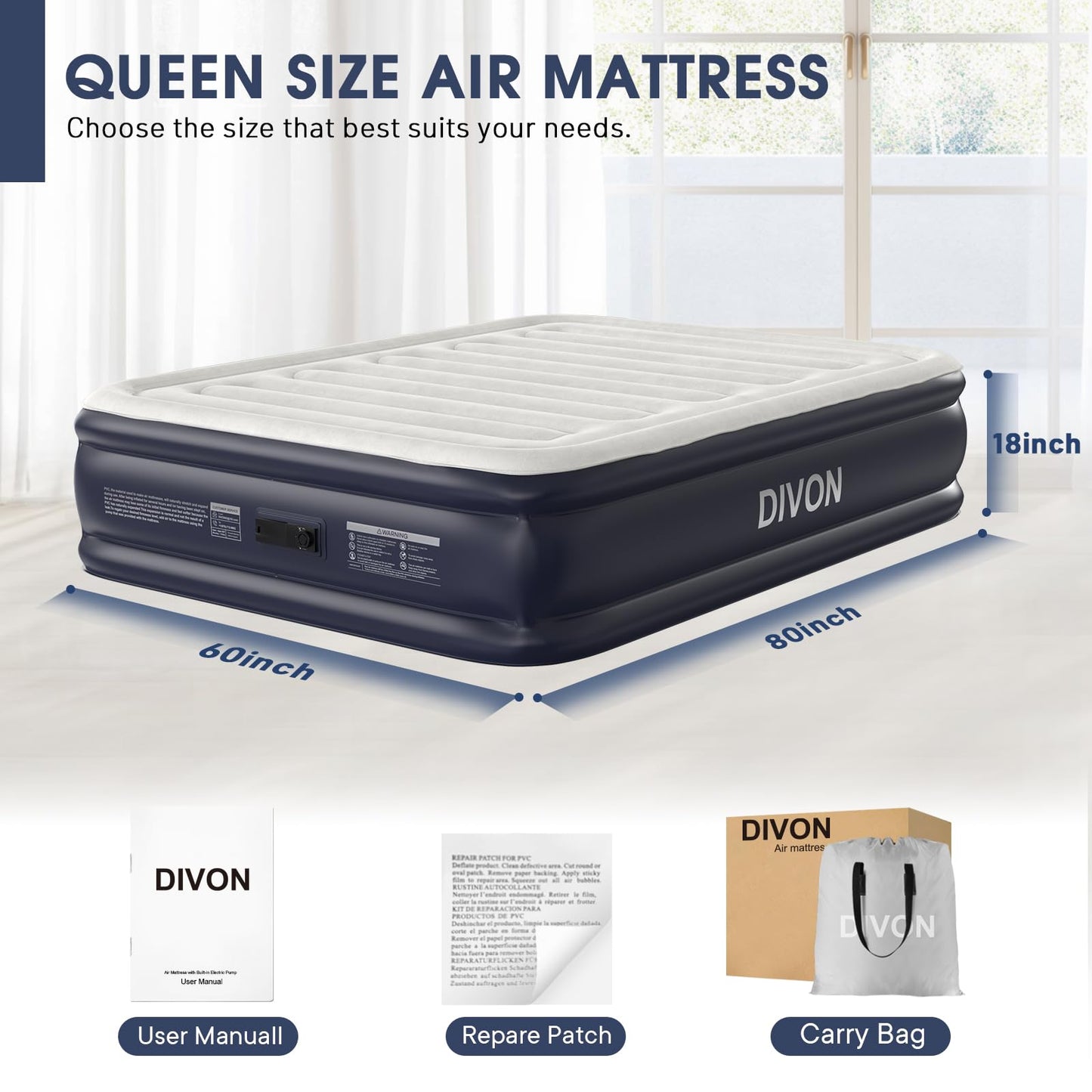Air Mattress Queen With Built In Pump,18''Raised Blow Up Mattress 2 Mins Self-Inflation/Deflation,Upgraded Thicker Inflatable Mattress，Air Bed with Storage Bag for Guests,Home，Camping，660 lbs Max