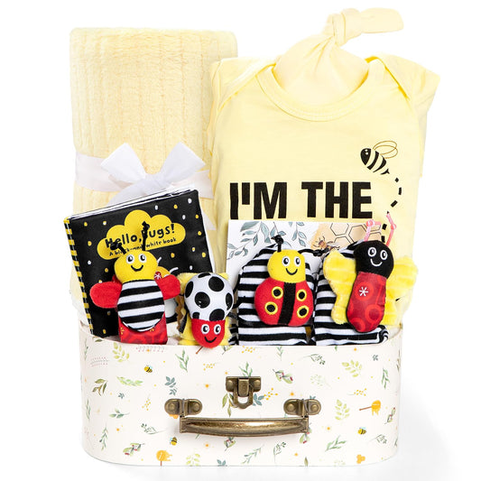 iAOVUEBY Baby Gift Set for Newborn, Bee Baby Shower Gifts Basket, High Contrast Baby Book Toys 0-6 Months Infant Rattle Socks Blanket Hat Onesie Baby Gifts Essentials for Girls Boys