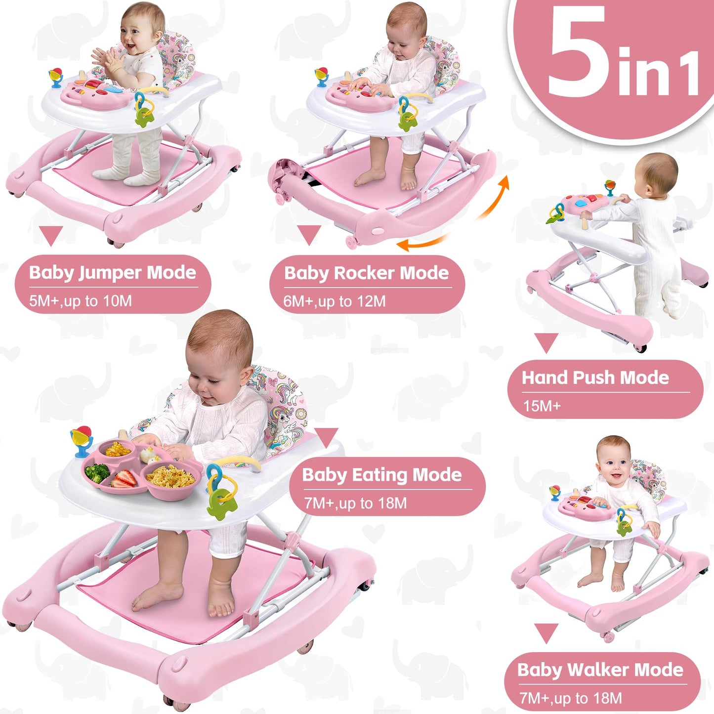 Foldable Baby 5-in-1 Activity Walker - Rocker, Activity Center, Bouncer, Seat Walker, Push Walker - Adjustable Speed Rear Wheels and Height Toys Ages 6-18 Months… (Pink)