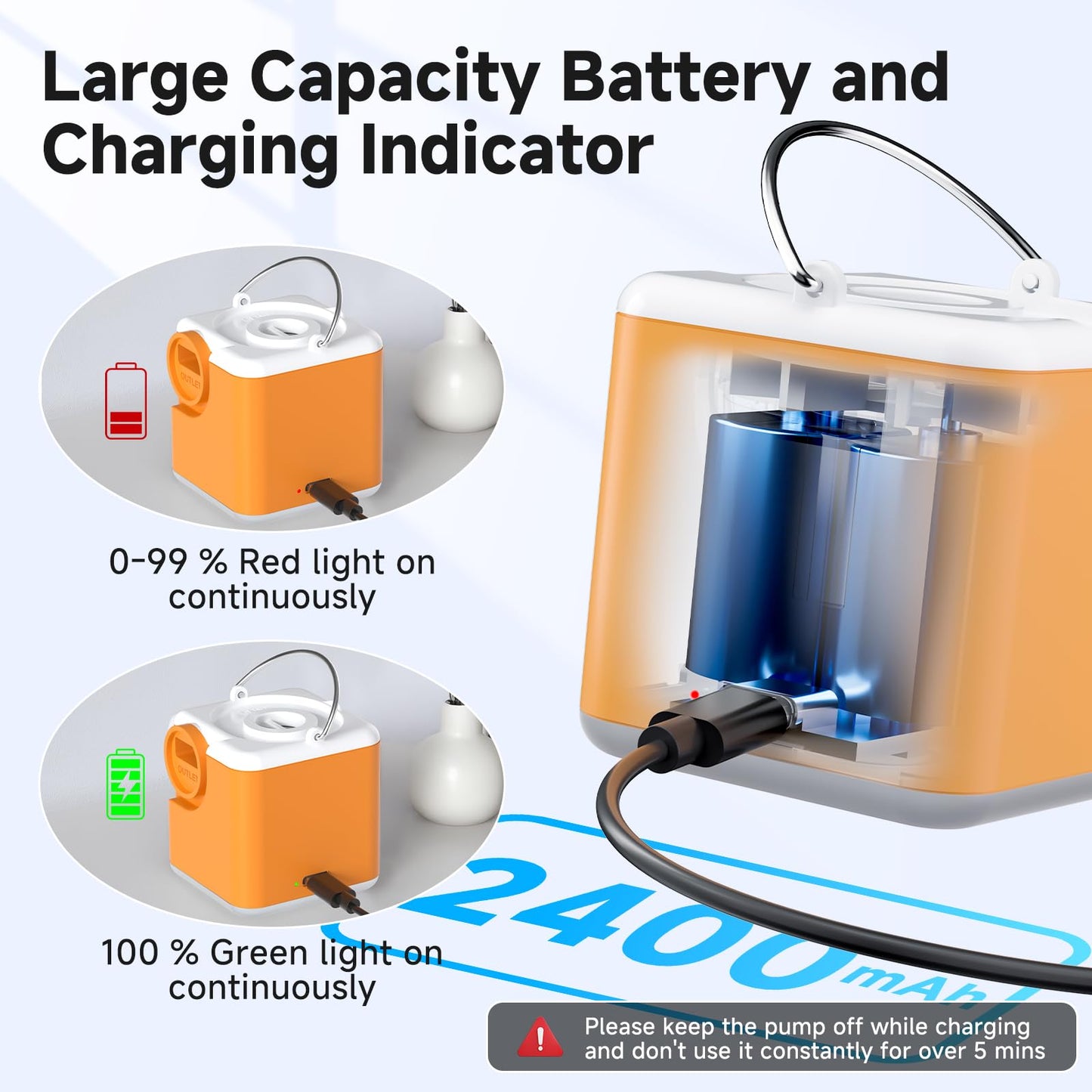Portable Air Pump for Inflatables, 4.5kPa Mini Air Mattress Pump with Camping Light, 2400mAh Battery Rechargeable Air Pump for Pool Floats, Sleeping Pads, Swimming Ring, Vacuum Storage Bags, Orange
