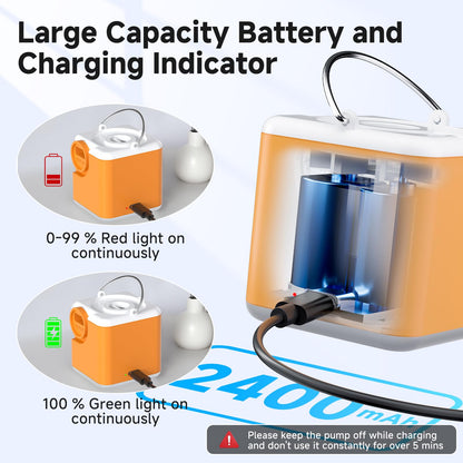 Portable Air Pump for Inflatables, 4.5kPa Mini Air Mattress Pump with Camping Light, 2400mAh Battery Rechargeable Air Pump for Pool Floats, Sleeping Pads, Swimming Ring, Vacuum Storage Bags, Orange