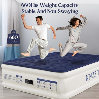 KNZZO Air Mattress Queen with Built-in Pump, Blow Up Mattress with Soft Flocked Top, Leakproof Inflatable Mattress, Foldable Waterproof Air Bed for Home, Guests, Camping, with Storage Bag