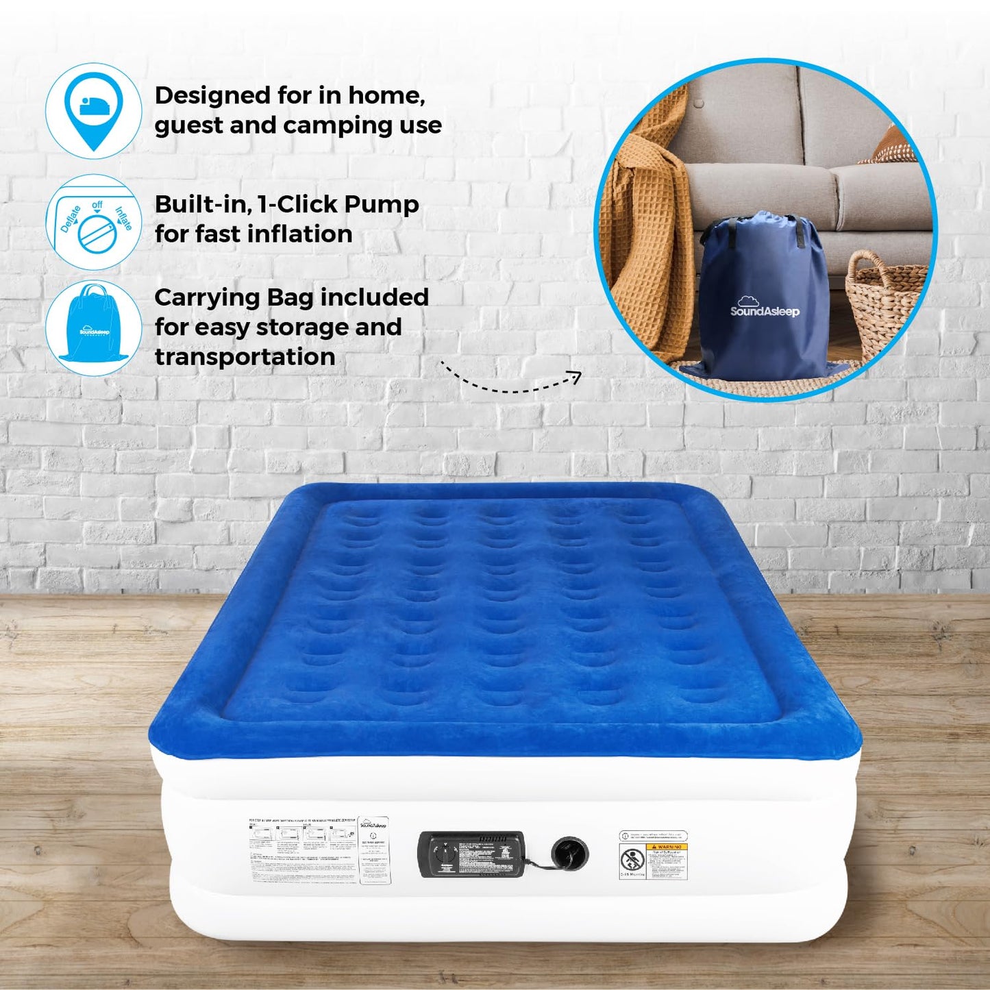 SoundAsleep Products Dream Series Luxury Air Mattress, ComfortCoil Technology, Built-in High Capacity Pump for Home, Camping- Double Height, Adjustable, Inflatable Blow Up, Portable (Full Size)