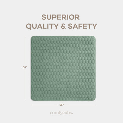 Comfy Cubs Square Kids Play Mat - 56 x 56 inches Soft Quilted Baby Floor Mat with Non-Slip Bottom - Plush Design for Toddlers' Playtime and Relaxation - Comfortable and Durable - Fern