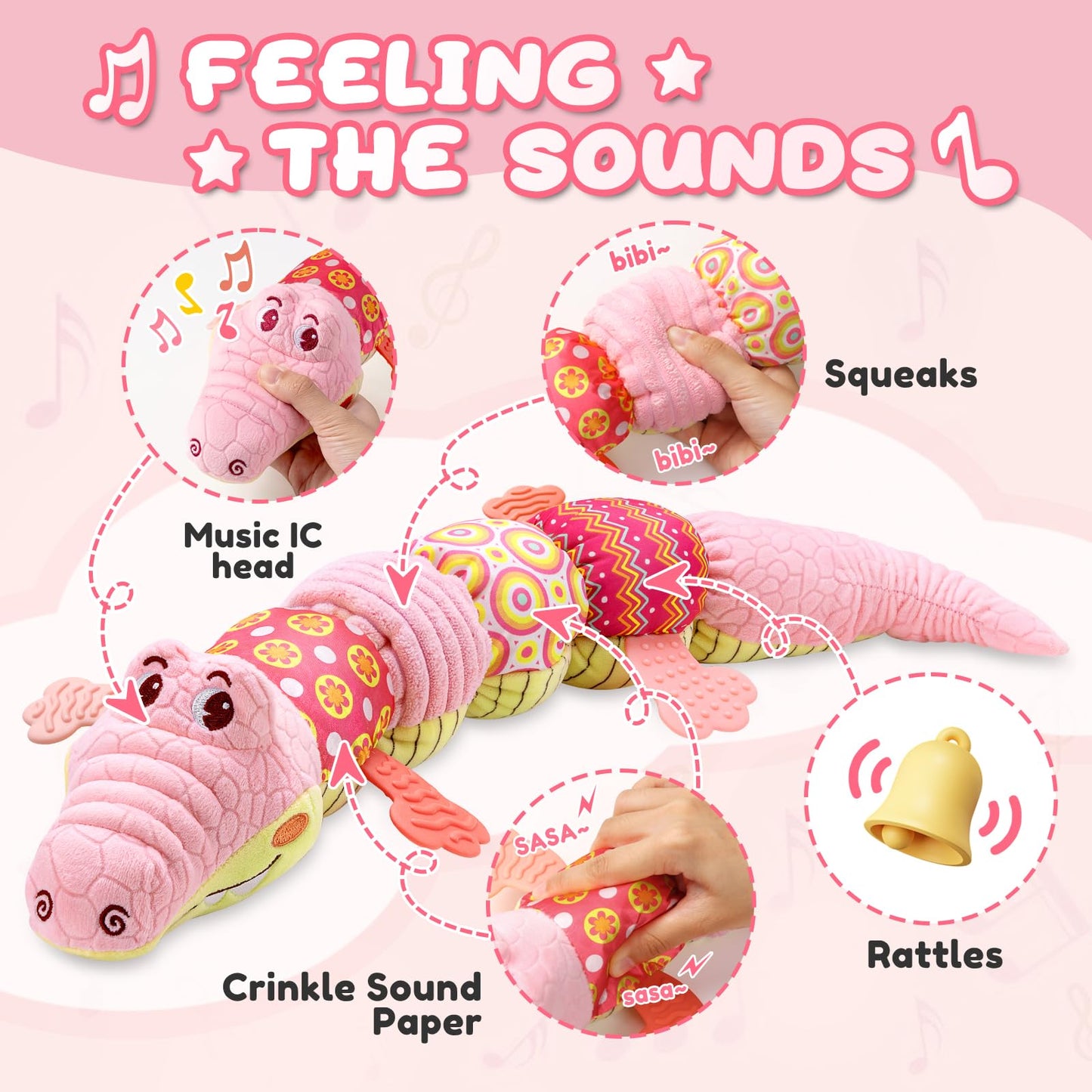 AWOTOY Baby Toys 0 to 12 Months, Musical Stuffed Animal Activity Soft Toys with Multi-Sensory Crinkle, Rattle and Textures,Infant Tummy Time Toys for Newborn Boys Girls, Crocodile, Pink