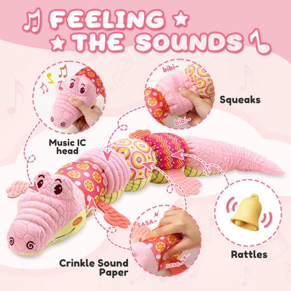 AWOTOY Baby Toys 0 to 12 Months, Musical Stuffed Animal Activity Soft Toys with Multi-Sensory Crinkle, Rattle and Textures,Infant Tummy Time Toys for Newborn Boys Girls, Crocodile, Pink