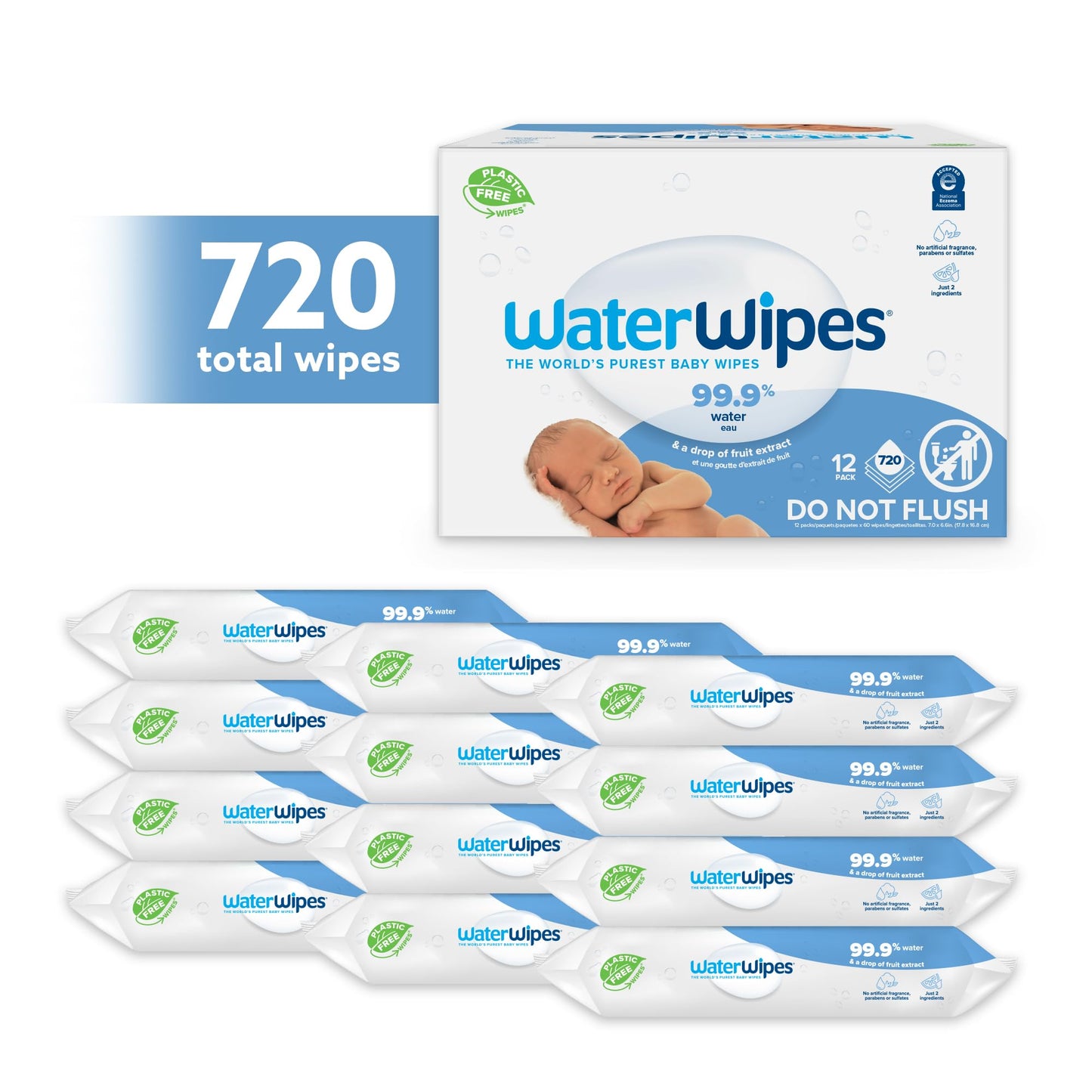 WaterWipes Sensitive+ Newborn & Baby Wipes, 3-In-1 Cleans, Cares, Protects, 99.9% Water, Unscented & Hypoallergenic, 720 Count (12 Packs)