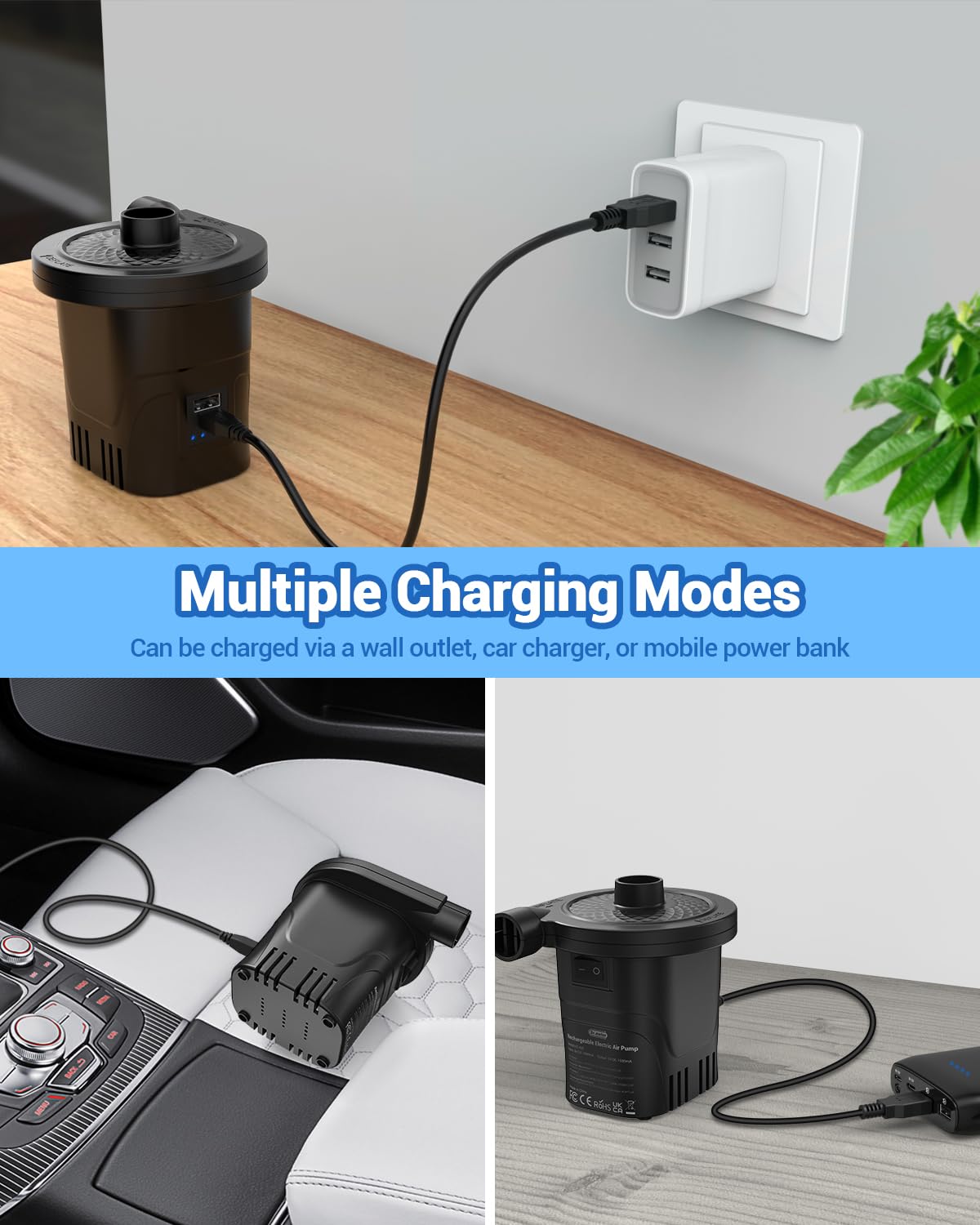 Dr.meter Air Pump for Inflatables, Rechargeable 4000mAh Battery Air Mattress Pump - Portable Quick-Fill Inflator Deflator for Outdoor Camping Inflatable Pool Float Boat Raft Yoga Ball Swim Ring Airbed