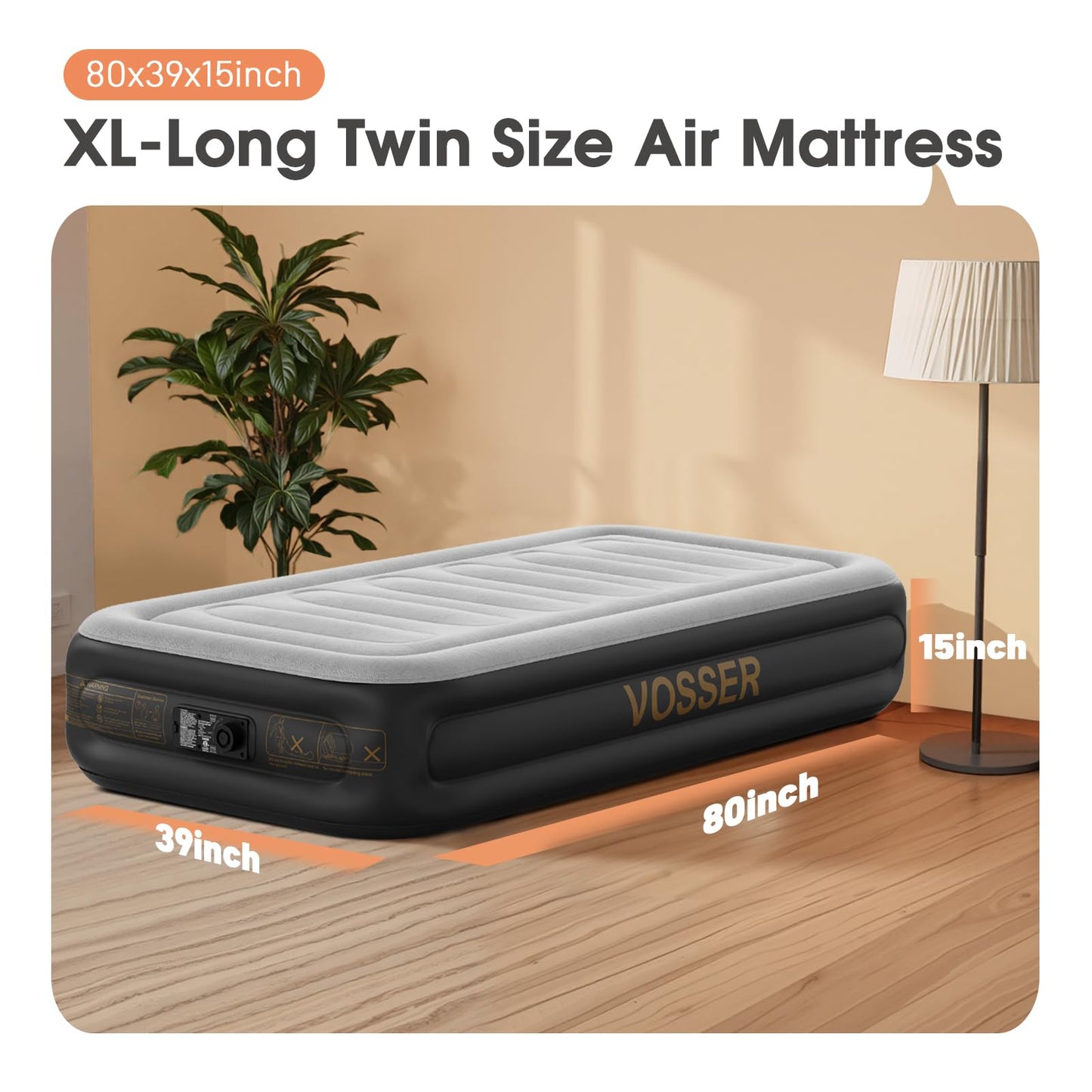 VOSSER Twin Air Mattress with Built in Pump,Inflatable Mattress 2 Mins Self-Inflation/Deflation,Thicker Blow up Mattress Leak-Proof,Flocked Top Air Bed with Storage Bag for Home, Camping & Guests
