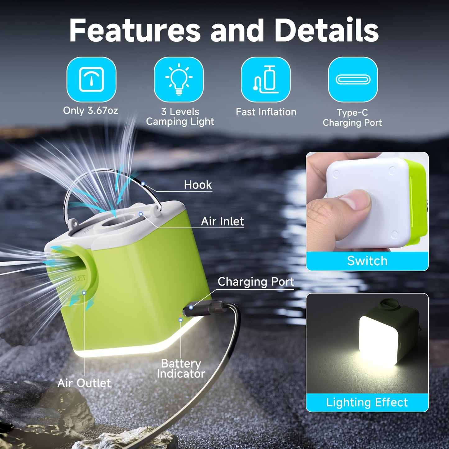 Portable Air Pump for Inflatables, 4.5kPa Mini Air Mattress Pump with Camping Light, 2400mAh Battery Rechargeable Air Pump for Pool Floats, Sleeping Pads, Swimming Ring, Vacuum Storage Bags, Green