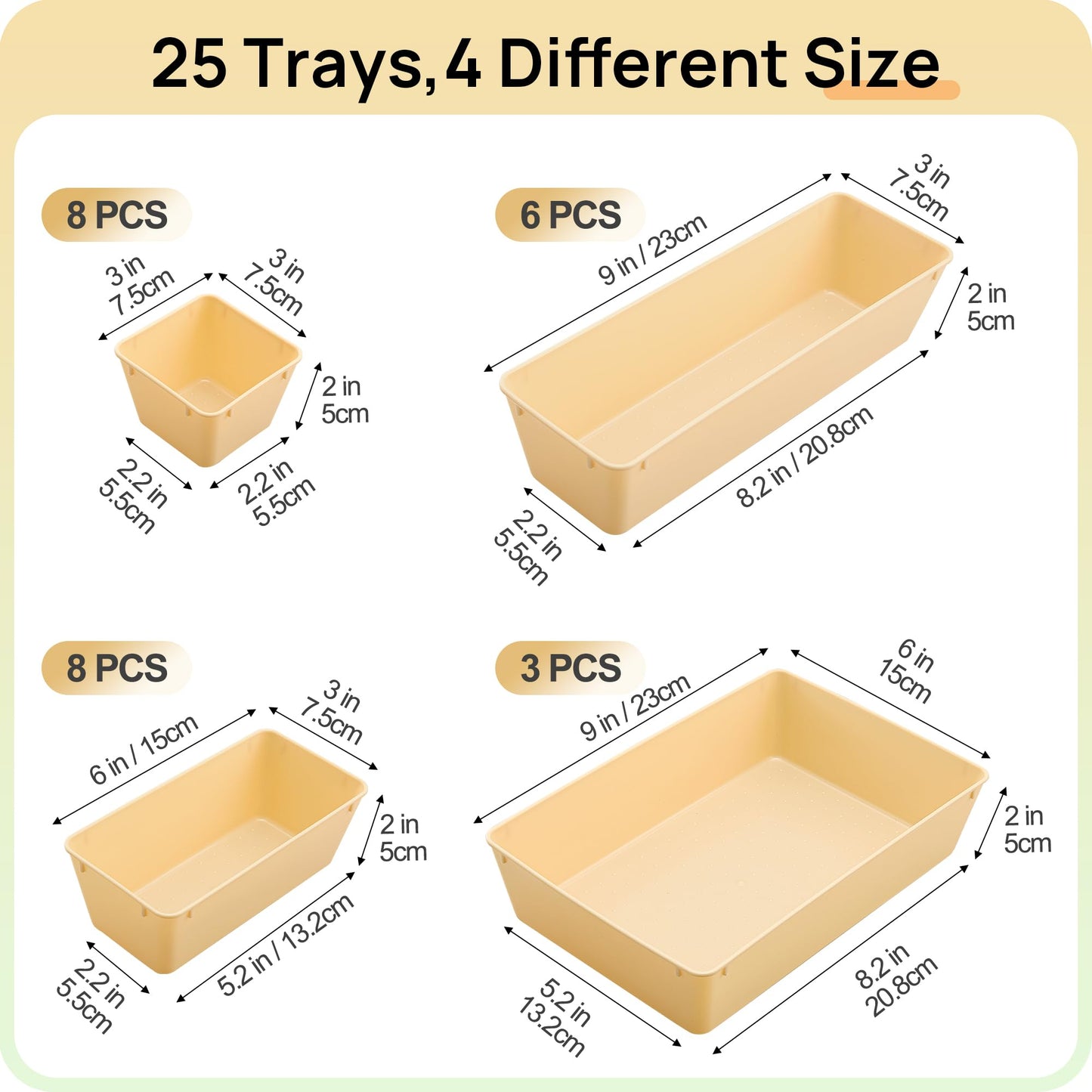 Vtopmart 25 PCS Plastic Drawer Organizers Set, 4-Size Versatile Bathroom and Vanity Drawer Organizer Trays, Storage Bins for Makeup, Bedroom, Kitchen Gadgets Utensils and Office