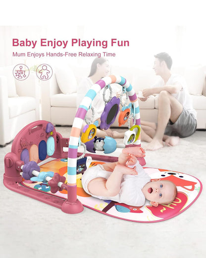 Dearlomum Play Mat and Gym - Piano Tummy Time Activity Mat With 5 Sensory Toys, Music and Lights - Gifts for Newborn 0 to 12 Months (New Pink)