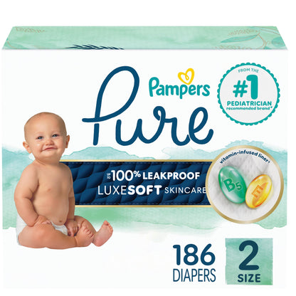 Pampers Pure Protection Baby Diapers, Size 2 (12-18 lbs), 186 Count, Up to 100% Leakproof, Premium Plant-Based Skin Protection, Hypoallergenic Soft Diapers