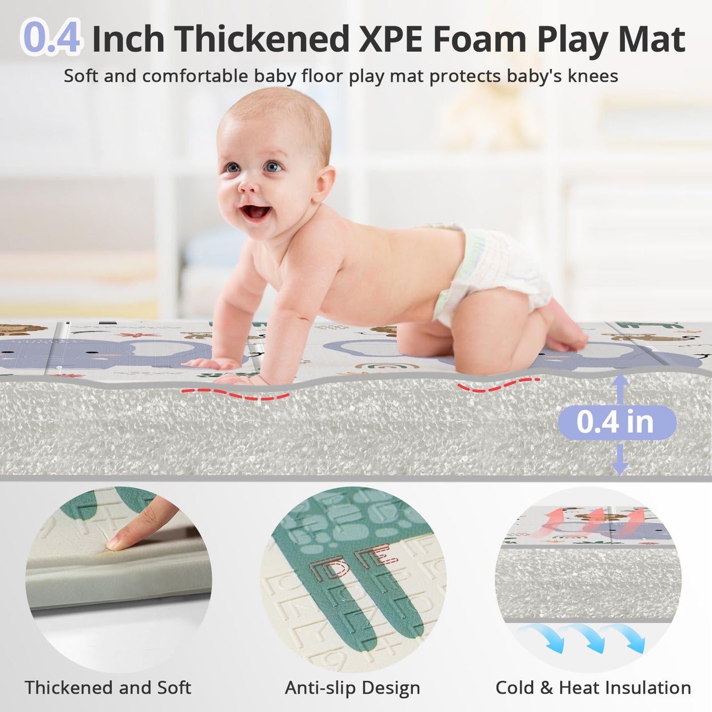 NOONKTY 79x71 Foldable Baby Play Mat for Floor, Extra Large Non-Toxic Tummy Time and Crawling Playmat, Thick Foam Play Mat for Baby, Reversible Portable Babies Floor Mats for Infant, Toddler