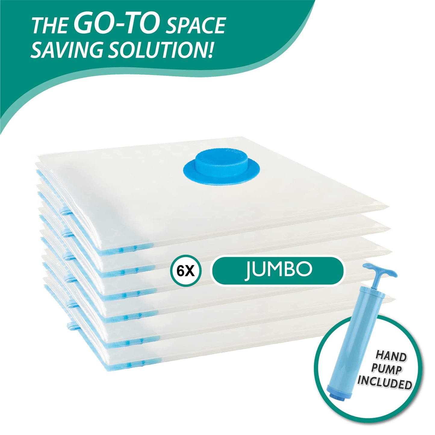 6 Jumbo Vacuum Storage Bags, Space Saver Bags Compression Storage Bags for Comforters and Blankets, Vacuum Sealer Bags for Clothes Storage, Hand Pump Included