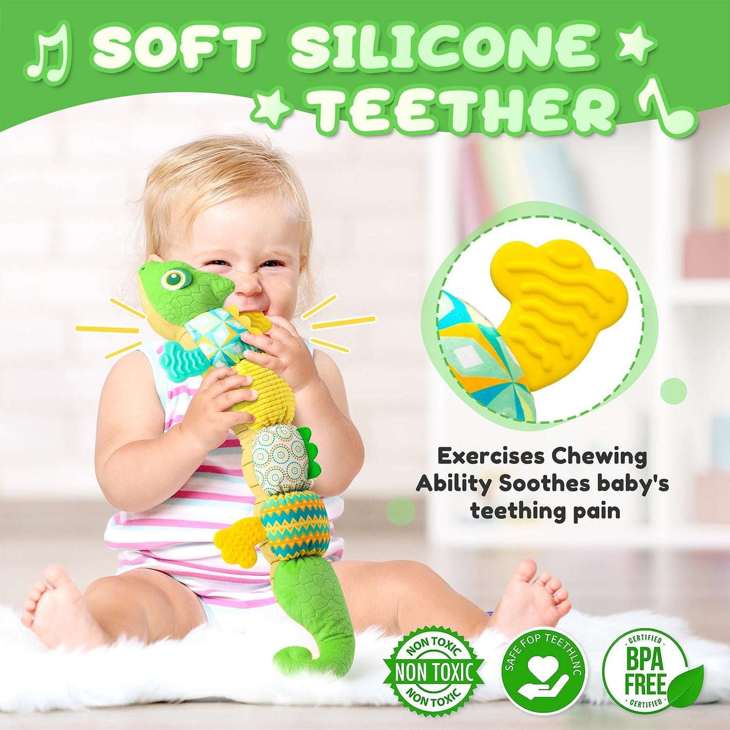 AWOTOY Baby Toys 0-6-12 Months, Musical Stuffed Animal Activity Soft Toys with Multi-Sensory Crinkle,Rattles and Textures,Infant Tummy Time Toys for Newborn Boys Girls,Dinosaur,Green