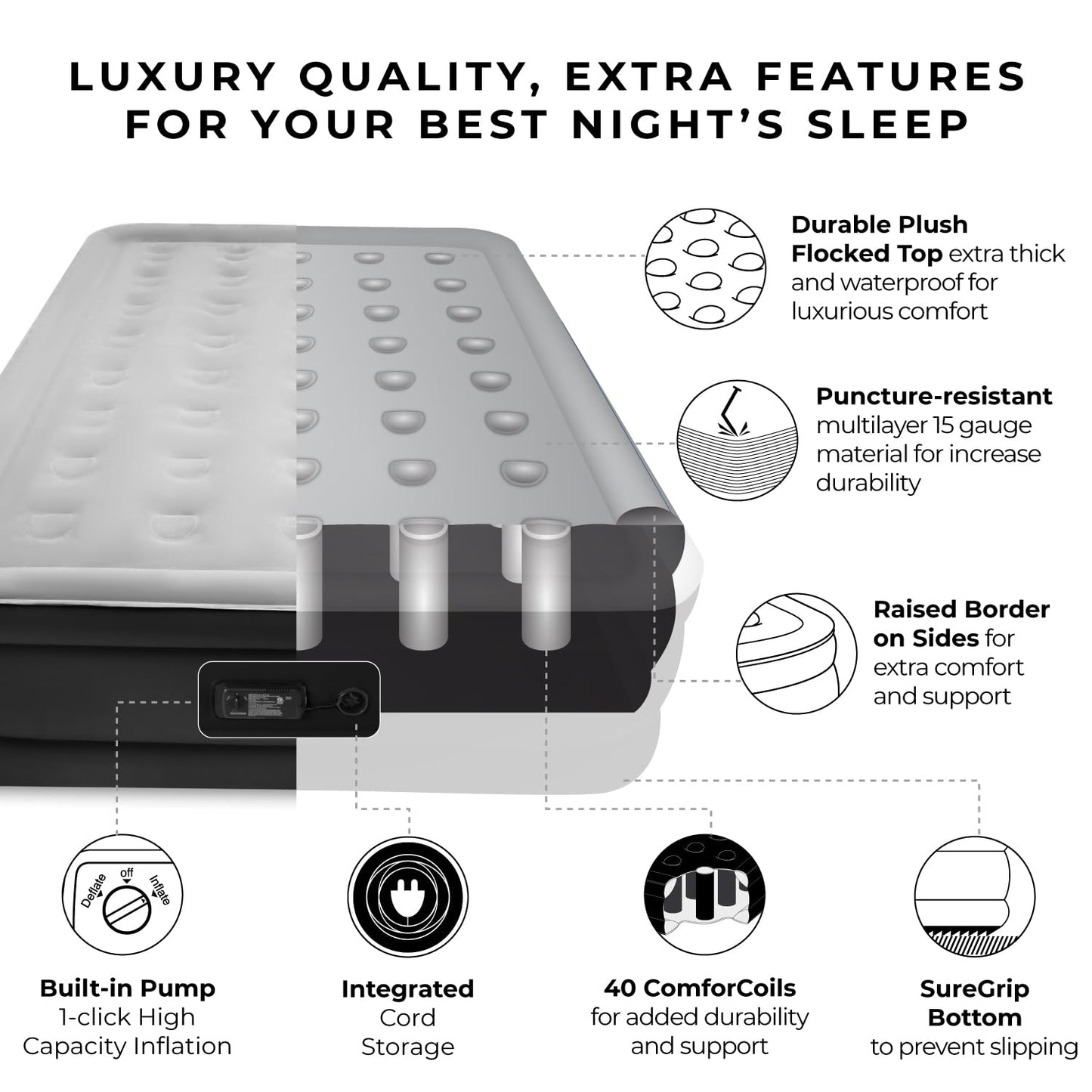 SoundAsleep Dream Series Luxury Air Mattress with ComfortCoil Technology & Built-in High Capacity Pump for Home & Camping- Double Height, Adjustable, Inflatable Blow Up, Portable - Queen Size
