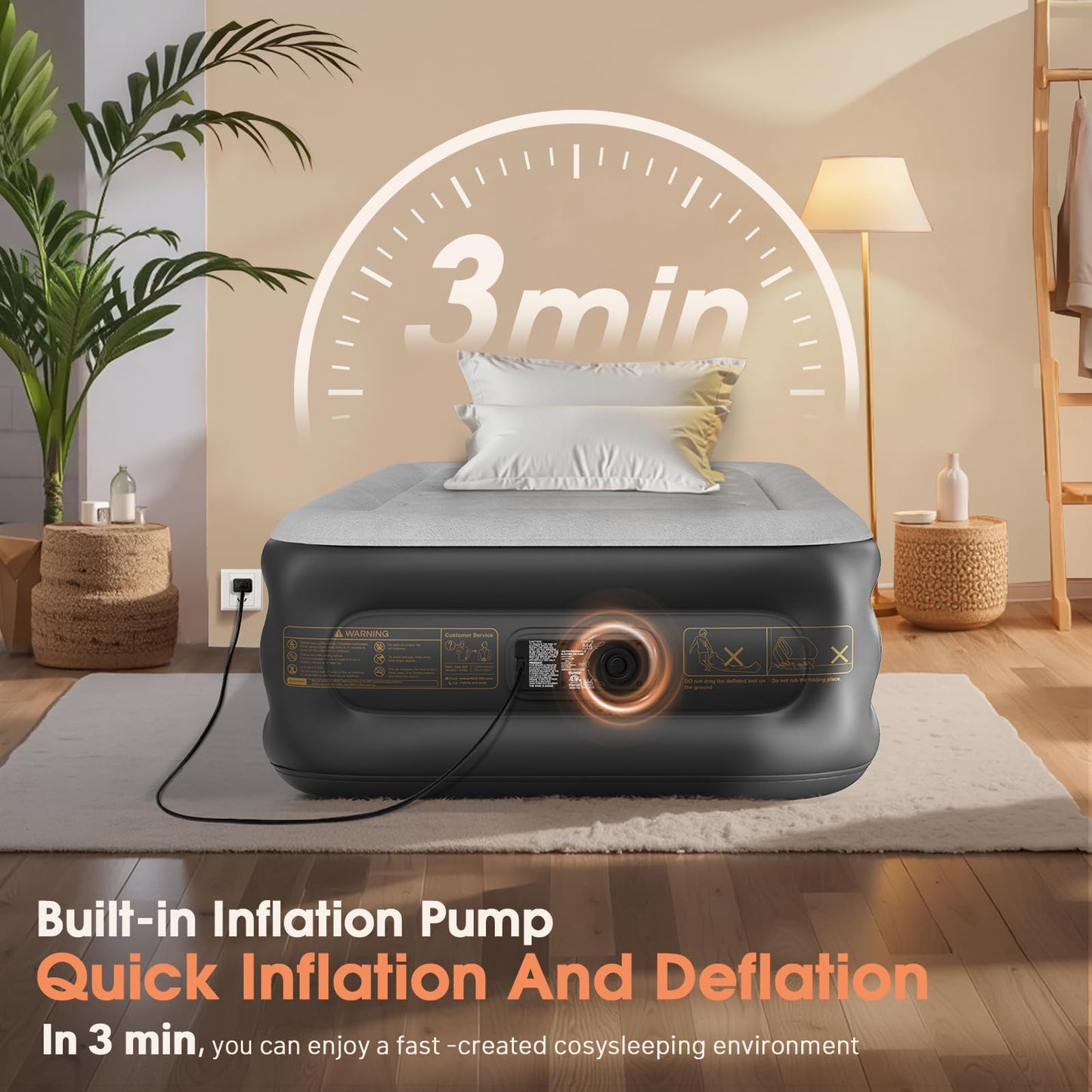 VOSSER Twin Air Mattress with Built in Pump,18''Inflatable Mattress 2 Mins Self-Inflation/Deflation,XL-Long Blow up Mattress Thicker,Flocked Top Air Bed with Storage Bag for Home, Camping & Guests