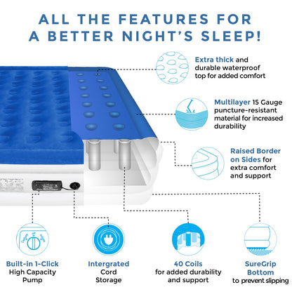 SoundAsleep Products Dream Series Luxury Air Mattress, ComfortCoil Technology, Built-in High Capacity Pump for Home, Camping- Double Height, Adjustable, Inflatable Blow Up, Portable (King Size)