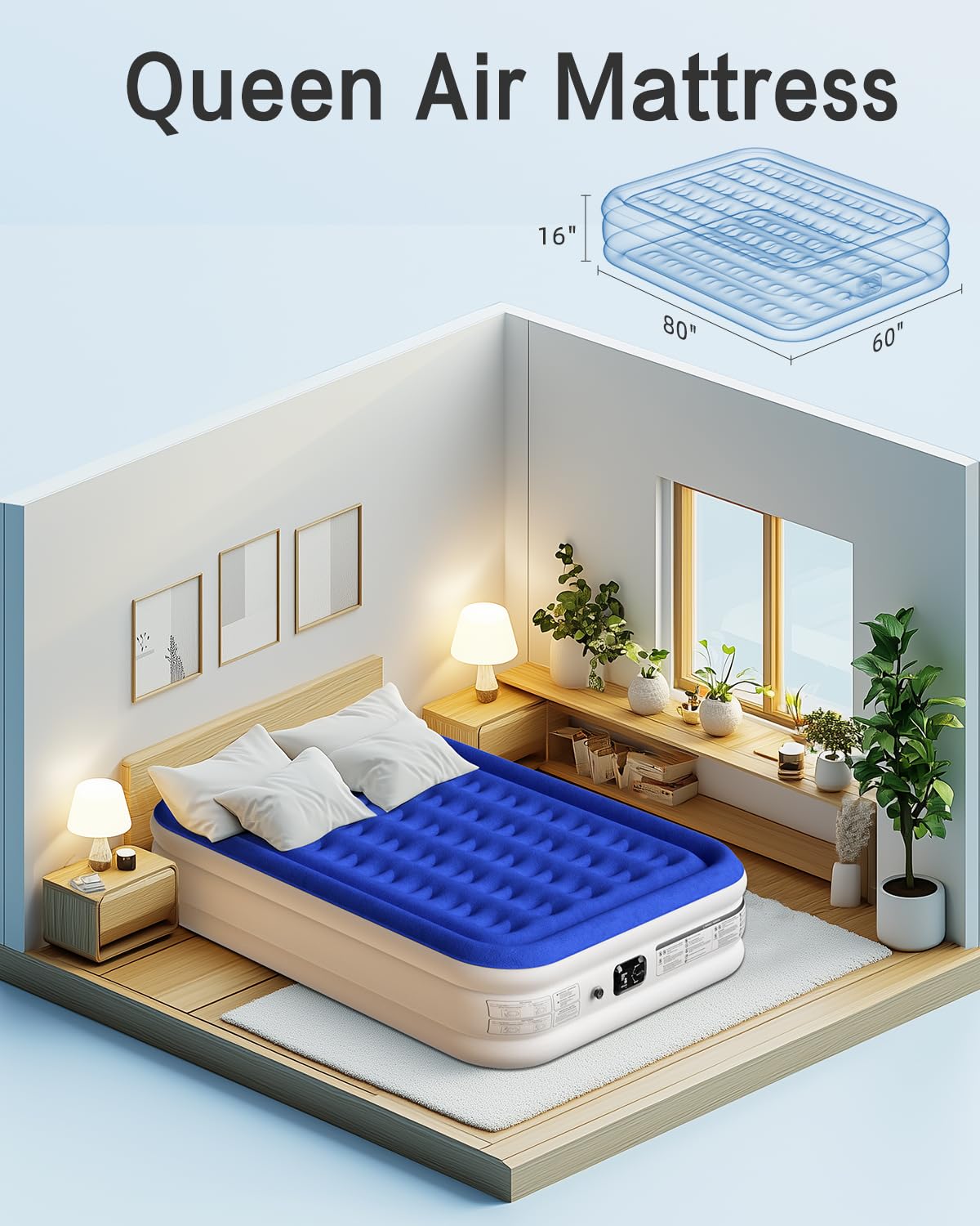 Xsleep Queen Air Mattress with Built in Pump Luxurious Comfort 16" Raised Inflatable Mattress Queen Airbed Blow Up Mattress for Home Guests 80"*60"*16" Air Bed 3 Mins Fast Inflate/Deflate 660 lbs Max