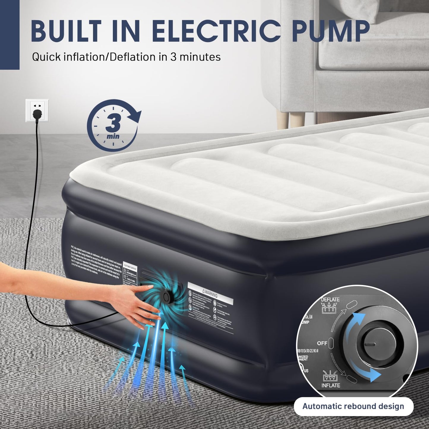 Twin Air Mattress with Built-in Pump,18''Raised Blow Up Mattress 2 Mins Self Inflation/Deflation,Upgraded Thicker Inflatable Mattress，Flocked Top Air Bed with Storage Bag for Guests,Home，Camping