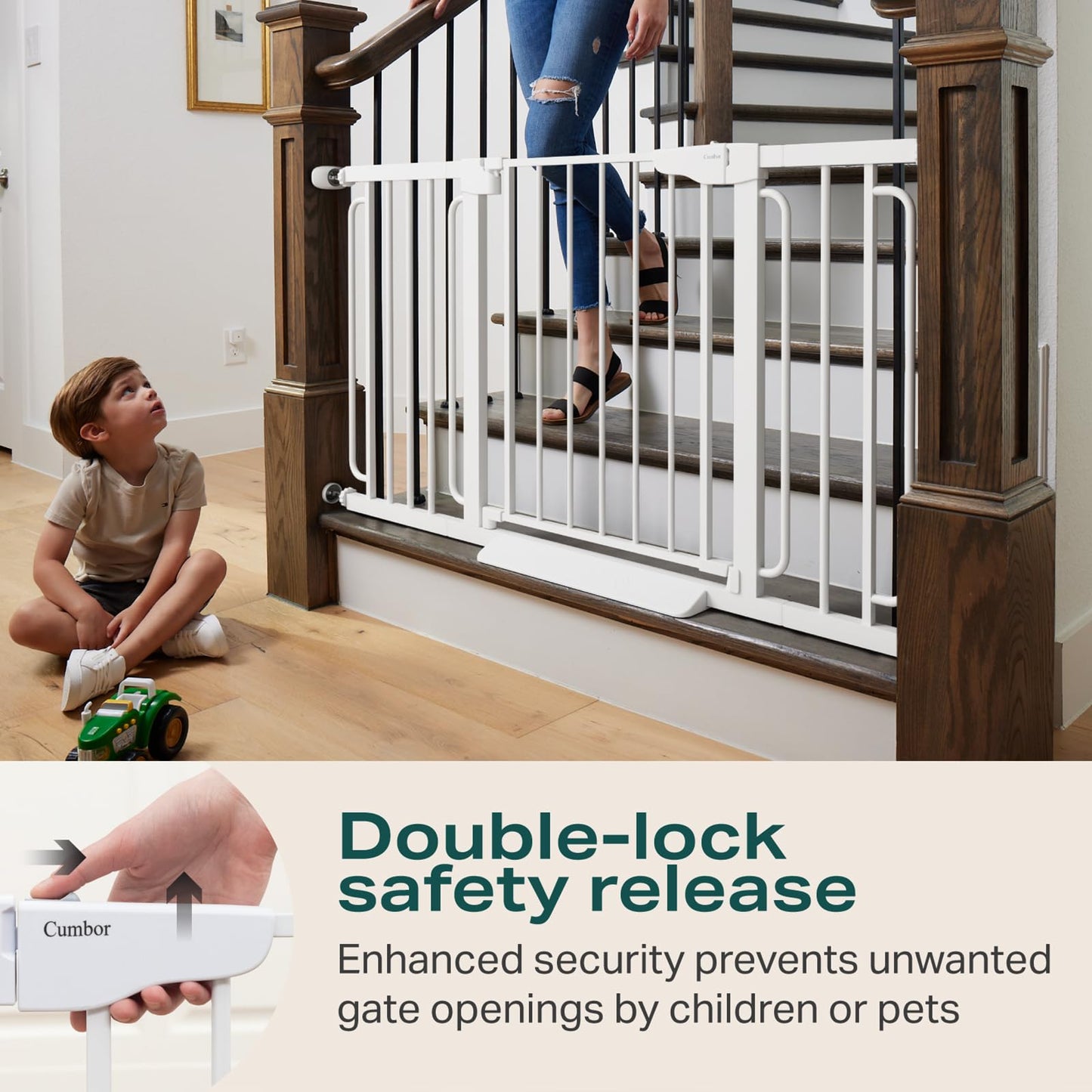Cumbor 29.7-57" Extra Wide Baby Gate for Stairs, Mom's Choice Awards Winner-Dog Gate for Doorways, Pressure Mounted Walk Through Safety Child Gate for Kids Toddler, Tall Pet Puppy Fence Gate, White