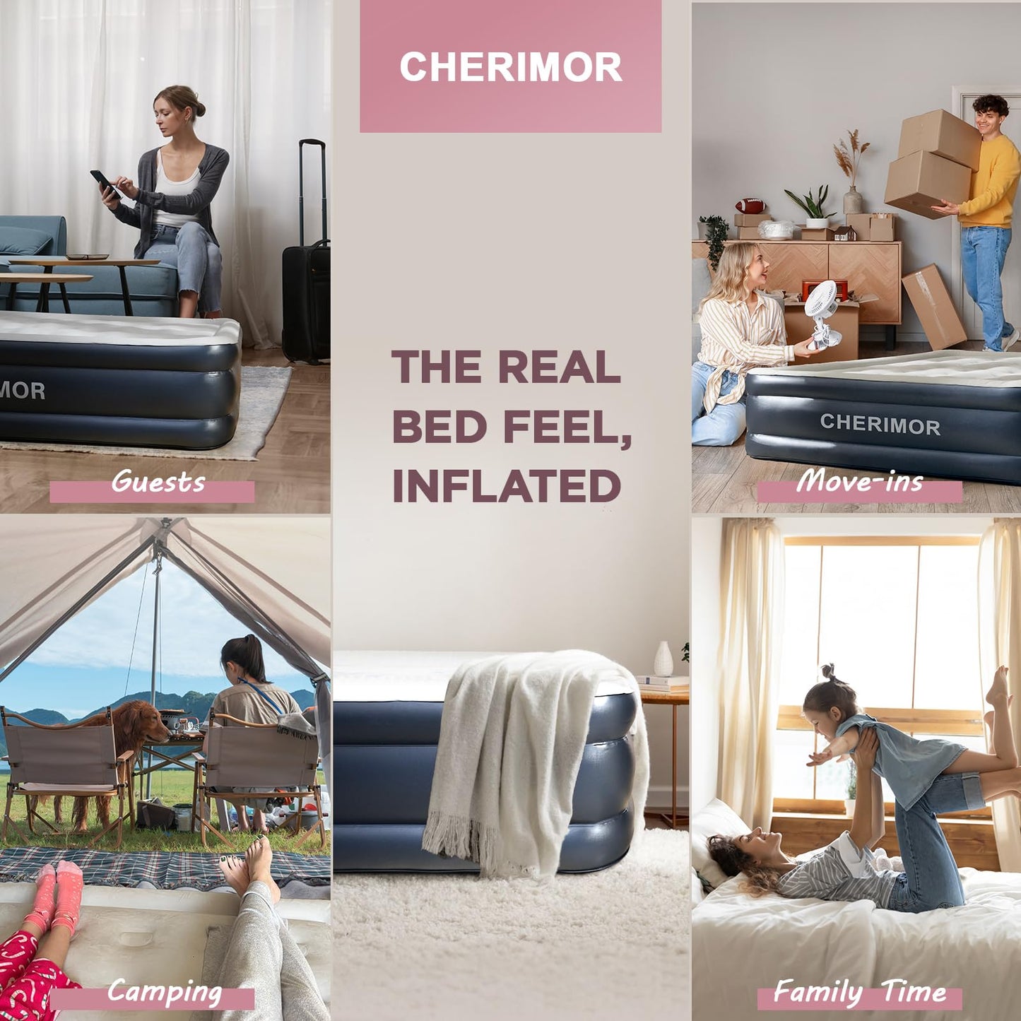 CHERIMOR Queen Air Mattress with Built in Pump, 18" Elevated Height, 48Hr Leak-Tested, Honeycomb Coil Support, 800 lbs Capacity, Fast 3-Min Inflation–Blow Up Mattress for Guest Room & Sleepover