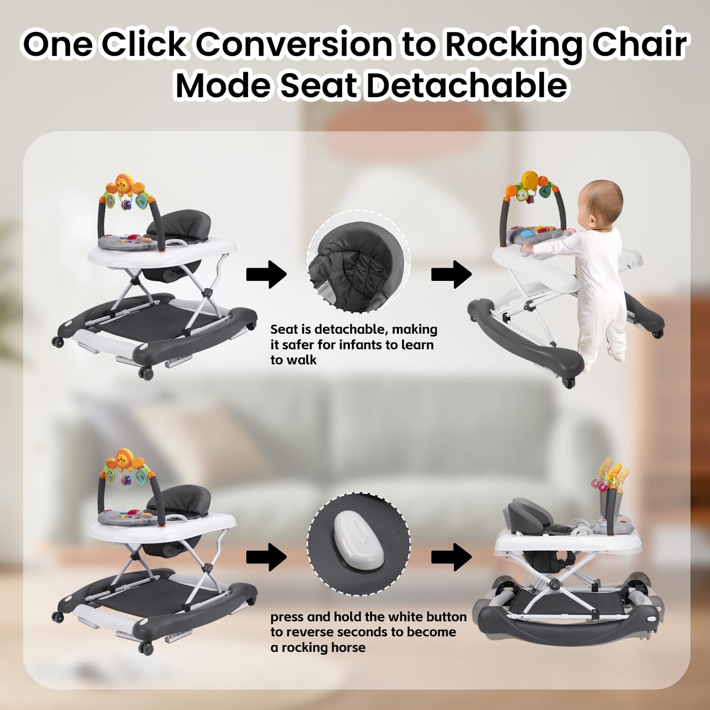 Boyro Baby Baby Walker, 5-in-1 Baby Walkers for Boys and Girls 6-12 Months with Bouncer, Removable Footrest, Feeding Tray & Music, Foldable & Adjustable Activity Walker for 6-18 Months Toddler Infant